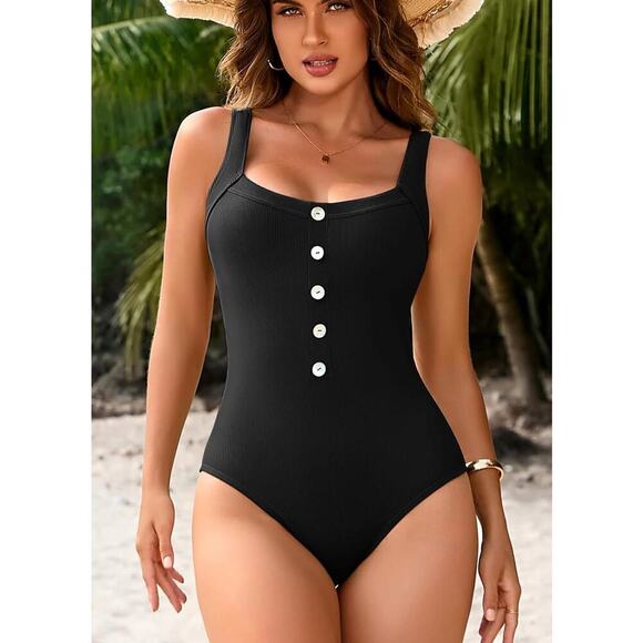 Charmo Black One Piece Swimsuit XL Ribbed High Waist Button Bathing Suit NEW - Picture 4 of 9